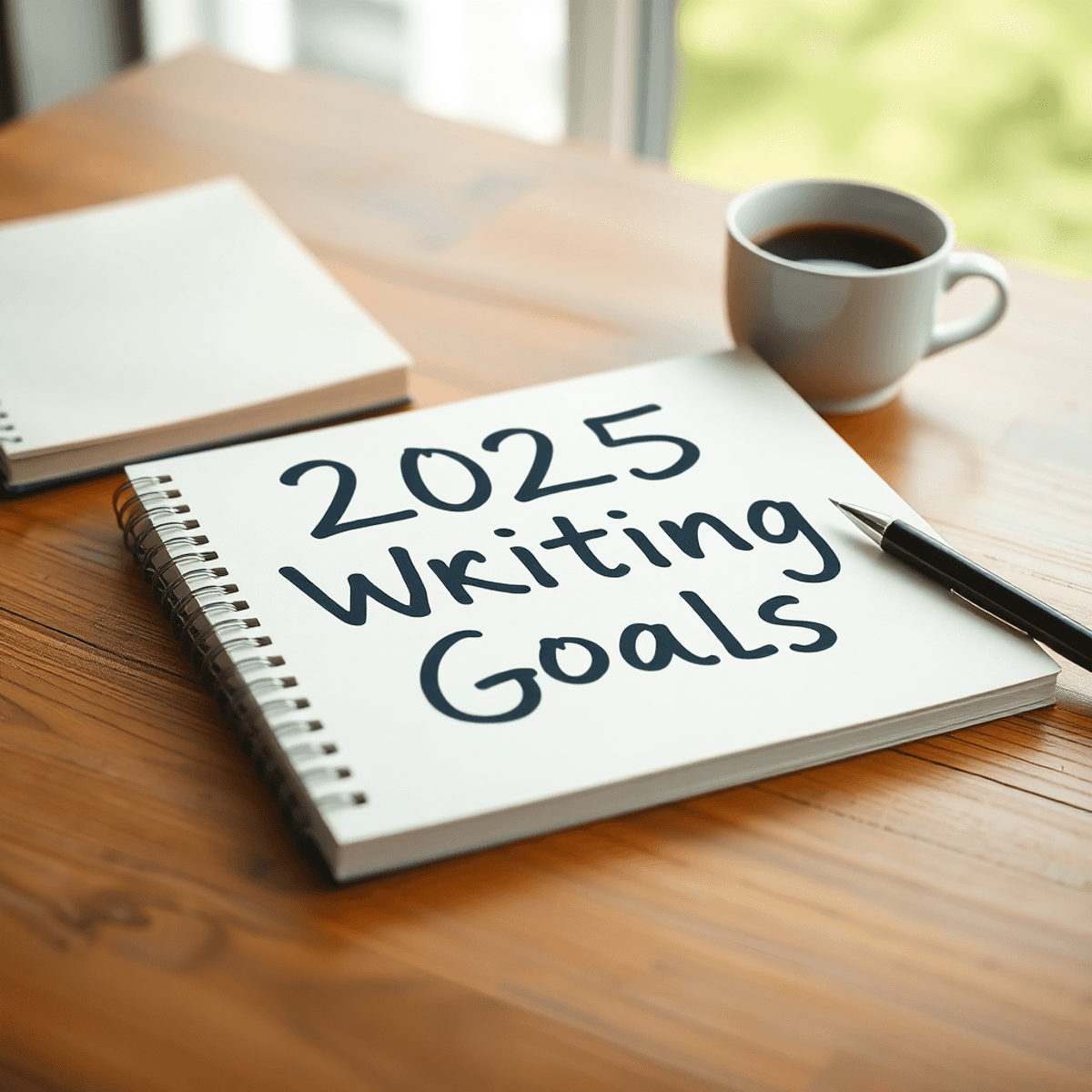 A notebook with "2025 Writing Goals" in bold, a pen, and a coffee cup on a wooden desk, illuminated by soft natural light, creating a warm, inviting a