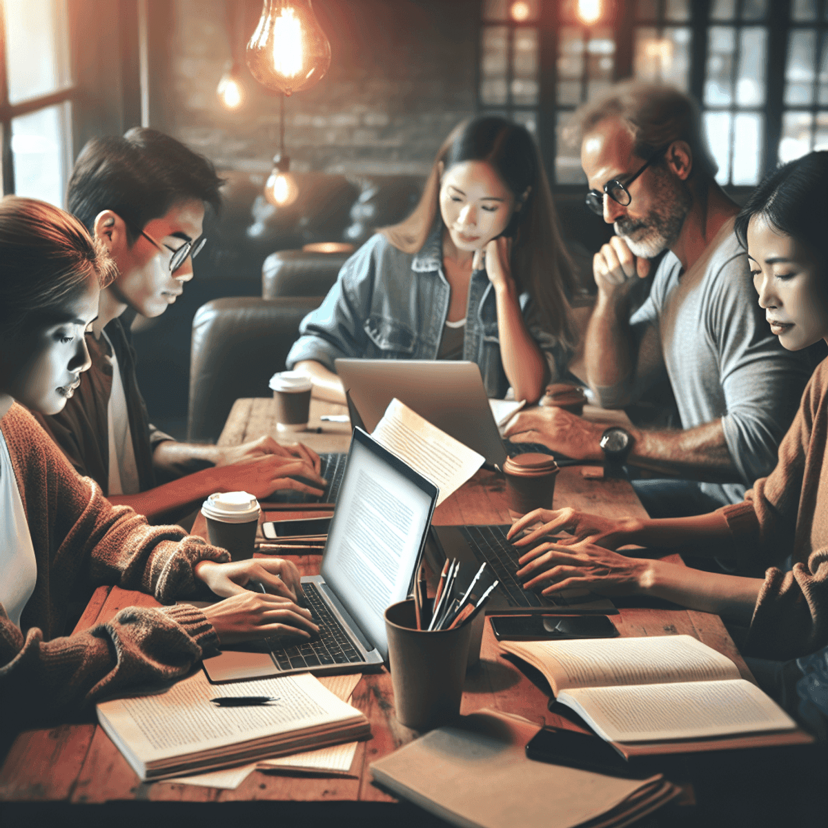 A diverse group of writers, including a Caucasian woman and an Asian man, sit around a wooden table in a cozy coffee shop.