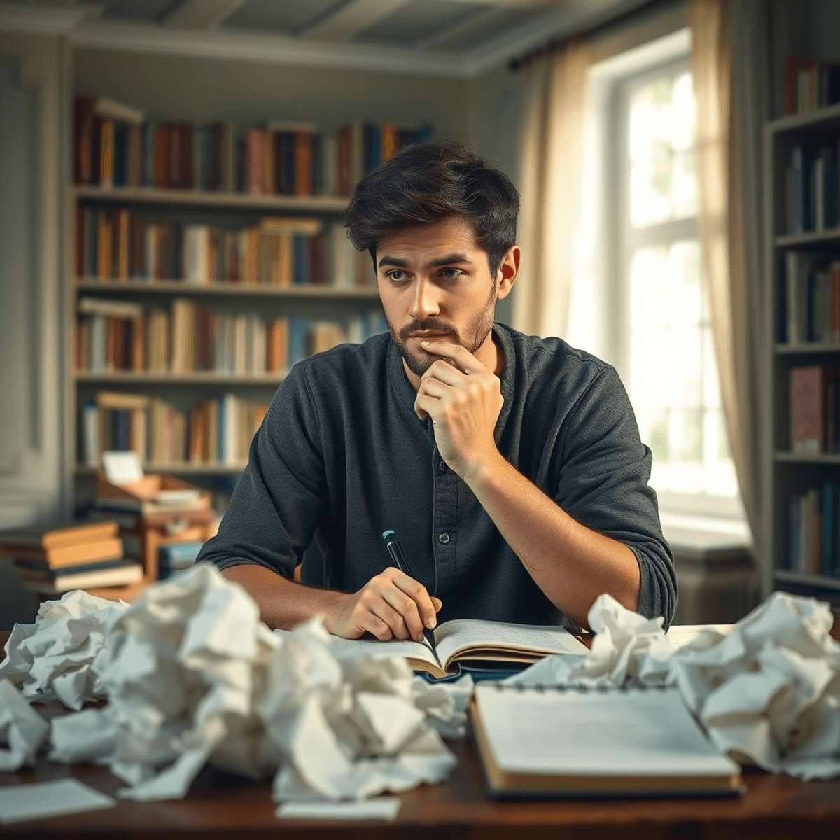 A contemplative writer at a desk, surrounded by crumpled papers and an open notebook, lost in thought in a softly lit room filled with books.