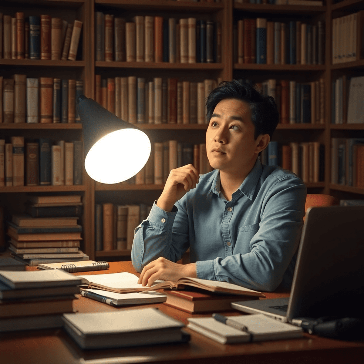 A thoughtful writer at a desk with notebooks and a laptop, illuminated by soft light, surrounded by a bookshelf filled with classic literature.